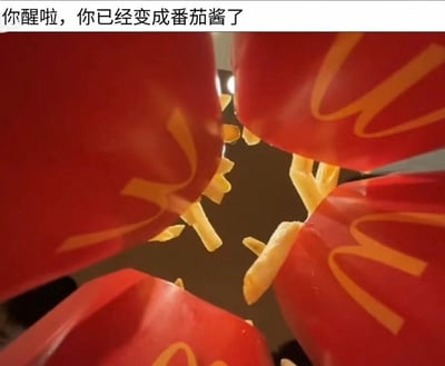 图片采用低角度仰拍视角，展示多个印有黄色M标志的麦当劳红色薯条盒从四周向中心聚拢，盒内金黄色薯条向外伸出，营造出强烈的包围感。顶部配有文字“你醒啦，你已经变成番茄酱了”，通过将观众代入“番茄酱”的第一视角，与周围象征“薯条”的包装盒形成趣味互动，利用快餐文化中的经典搭配制造幽默效果，整体风格轻松戏谑，充满网络迷因的创意感。