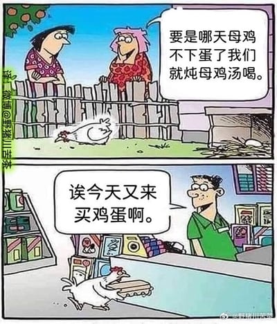 这是一幅上下两格的连环漫画。上格中，两名女性站在木栅栏旁聊天，其中紫衣女性说道：“要是哪天母鸡不下蛋了我们就炖母鸡汤喝。”栅栏下的母鸡听到后露出惊恐的表情。下格场景切换到商店，这只母鸡正叼着鸡蛋盒走向柜台，绿衣店主看着它说：“诶今天又来买鸡蛋啊。” 漫画通过母鸡为了避免被炖而主动买鸡蛋“交差”的情节，展现了动物拟人化的生存智慧，充满幽默反差感。