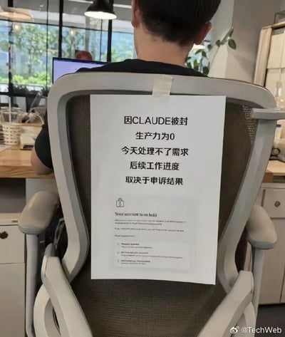 这张图片拍摄于现代化办公室内，画面中一名男性职员背对镜头坐在办公椅上，正面向办公桌的电脑办公。他所坐的网布办公椅靠背上贴着一张A4打印纸，纸上先用大号中文标注：“因CLAUDE被封 生产力为0 今天处理不了需求 后续工作进度取决于申诉结果”，下方还附上了Claude官方的账户冻结提示截图，包含英文提示“Your account is on hold”及相关申诉说明，以夸张调侃的方式表达AI工具无法使用后工作难以推进的状态，图片右下角带有微博@TechWeb的水印。