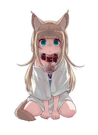 一张二次元风格的插画，描绘了一个有着猫耳和猫尾的少女。她有着金色的长发，绿色的大眼睛，表情平静地蹲坐着。少女穿着一件宽大的白色衬衫，脖子上戴着红色的项圈，项圈上挂着一个带有中文文字的圆形吊牌。背景是纯白色，突出显示了角色本身。