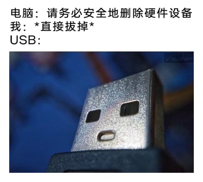 这是一张充满趣味的数码主题梗图，通过三段式对话构建日常场景：电脑提示用户“请务必安全地删除硬件设备”，但用户选择直接拔掉USB设备；下方的USB接口被拟人化，其本身的两个方形孔洞和一个长形孔洞恰好组成了委屈难过的面部表情，生动地表现出USB被突然拔掉时的“受伤”状态，用拟人化的方式调侃了很多人在使用USB设备时不按规范操作的常见行为，容易引发有类似经历的网友共鸣，充满生活趣味。
