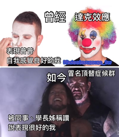 这是一张上下对比的拼接梗图，通过幽默方式对比了达克效应和冒名顶替症候群两种心理现象。上图显示一个人正在擦拭脸上的白色颜料，配文'曾经 达克效应 表现普普 自我感觉良好的我'；下图显示两个人物，一个开怀大笑，一个表情严肃，配文'如今 冒名顶替症候群 被同事、学长姊称赞说表现很好的我'。