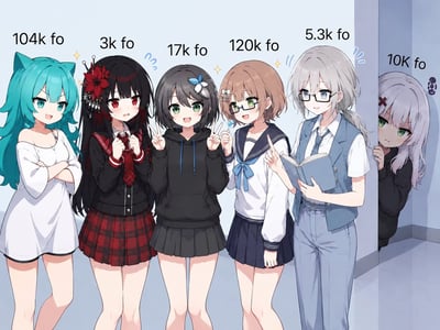 这是一张日系二次元风格的静态插画，画面共呈现六位少女角色，前五名并排站在室内公共区域，每个人头顶都标注了对应的粉丝数（fo），从左到右分别为104k、3k、17k、120k、5.3k，少女们神态动作各不相同，有的自信叉腰、有的腼腆紧张、有的比出剪刀手、有的拿着糖果、有的手持书本；最右侧一名浅紫发少女躲在墙角后方，仅露出半张脸，头顶标注10K fo，神态羞涩不情愿，似乎不好意思加入合影。整图用不同粉丝量级的虚拟角色的表现，调侃不同粉丝量的内容创作者的心态，躲在墙后的角色对应粉丝量不算低却社恐不愿露面的创作者形象。