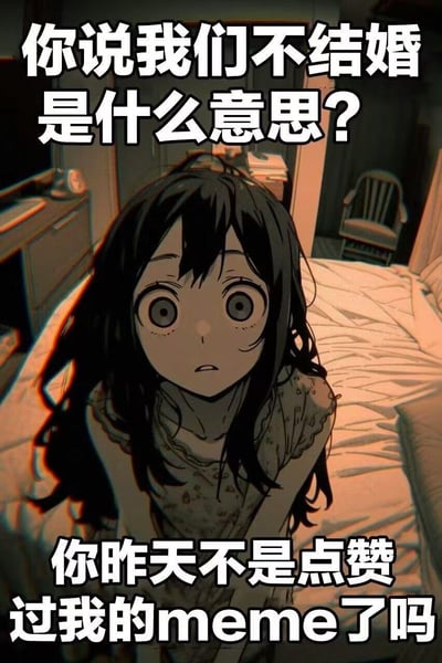 一张动漫风格的梗图，画面中是一位有着黑色长发的女孩，她睁大眼睛、表情震惊地仰视着，背景是一个略显昏暗的卧室。图片上方配有文字“你说我们不结婚是什么意思？”，下方配有文字“你昨天不是点赞过我的meme了吗”。这张图通过夸张的表情和对话，幽默地表现了对社交媒体互动的过度解读，将点赞行为戏称为某种承诺或同意的象征。