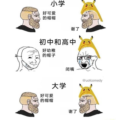 这是一幅由三部分组成的连环手绘梗图，以“求学阶段”为划分，生动呈现了不同年龄段对可爱风格物品的态度与心态变化：1. 小学阶段：左侧角色以成熟男性形象出现，真诚夸赞皮卡丘帽子“好可爱的帽帽”，佩戴帽子的同款角色礼貌回应“谢了”，展现出孩童时期对可爱事物的直白喜爱与接纳；2. 初中高中阶段：左侧变为强颜欢笑的Wojak梗图角色，嘴上嫌弃“好幼稚的帽子”，表情却透露出内心的羡慕；右侧佩戴帽子的是崩溃哭泣的Wojak角色，怒吼“闭嘴”，精准刻画了青春期少年嘴硬、内心渴望却不愿承认的矛盾心态；3. 大学阶段：角色形象回归小学时期的成熟男性，再次真诚夸赞帽子可爱，戴帽者也礼貌回应，体现出步入大学后，人们不再被“幼稚”的标签束缚，重新接纳并欣赏可爱事物的心态转变。整幅图通过梗图角色的表情、对话反差，精准戳中不同成长阶段的心态特点，引发受众的共鸣。