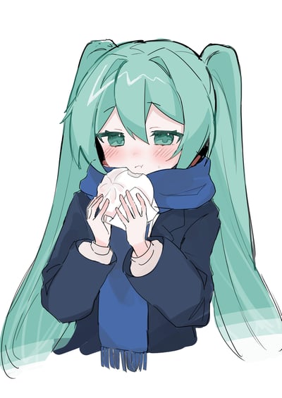 这是一幅二次元同人插画，画中是VOCALOIP旗下的虚拟角色初音未来，她有着标志性的薄荷绿双马尾长发，身穿深蓝色冬装外套，围着同色系流苏围巾，双手捧着一个大包子正在进食，脸颊泛起明显红晕，眼神带着一丝害羞和局促，整体形象软萌可爱，描绘了充满生活感的冬日日常场景。图中无双关、谐音梗或暗示内容。