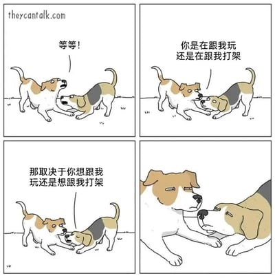 这是一组四格连环卡通漫画，采用动物拟人化的创作手法，描绘了两只狗狗之间的趣味互动。第一格中，白棕相间的狗狗突然叫停和黄灰相间狗狗的互动，喊出“等等！”；第二格中，黄灰相间的狗狗露出疑惑的神情，询问对方“你是在跟我玩还是在跟我打架”；第三格中，白棕相间的狗狗给出了一个模棱两可的回答“那取决于你想跟我玩还是想跟我打架”；第四格中，两只狗狗贴脸对视，表情都变得十分严肃，原本轻松的玩耍氛围瞬间变得紧张，用人类式的对话将狗狗玩耍时的模糊边界放大，制造出搞笑又充满反差感的幽默效果。