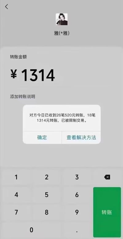 这是一张竖屏手机格式的移动支付平台转账界面截图，用户尝试给名为「雅(*雅)」的联系人转账代表「一生一世」谐音爱意的1314元，此时系统弹出提示框显示：对方今日已收到26笔代表「我爱你」谐音的520元转账、18笔1314元转账，因此被限制交易。该场景充满戏谑感，调侃该联系人收到了大量来自不同对象的爱意转账，触发平台交易限制，成为搞笑的网络梗图。