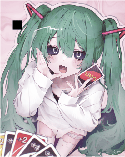 图中是虚拟歌手初音未来，扎着标志性的双马尾，身穿宽松白衬衫，正拿着UNO牌做出偷偷摸摸的小动作，脸颊泛红，表情带着害羞又狡黠的神态。她面前摊着多张UNO惩罚牌（+2、+4），看起来像是在玩牌时试图耍小手段的调皮模样，整体画风软萌可爱，是结合了UNO游戏的二次元同人创作。