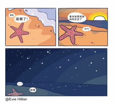 这是一幅由Evie Hilliar创作的三格连环治愈漫画。第一格中，海星发现海水退潮，自己被困在沙滩上，焦急地喊出“糟糕 退潮了！”；第二格日落时分，海星绝望地叹气，觉得自己要孤独地死在沙滩上；第三格夜晚降临，海水涨潮，海星回到了海水中，抬头看到漫天星空，发出“哇哦”的惊叹，之前的绝望被意外的惊喜取代，剧情以温馨反转的方式传递出困境中也会有意外美好治愈的感觉。