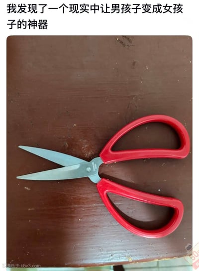 这是一张图文结合的搞笑网络梗图，图的顶部配有黑色文字“我发现了一个现实中让男孩子变成女孩子的神器”，下方主体是摆放在深棕色带有使用痕迹的木质桌面上的一把红色塑料手柄不锈钢剪刀，该图玩内涵梗，用剪刀“裁剪”的动作暗示切除男性生殖器官达到变性的效果，属于网络整活玩梗内容，图的左下角带有站点水印。