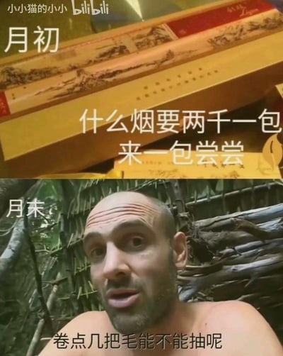 这是一张上下分栏的对比类梗图，用以调侃月光族月初消费无度、月末穷困潦倒的生活状态：
上半部分标注“月初”，画面展示一款网传售价约两千元一包的高档烟盒（利群富春山居），配文“什么烟要两千一包 来一包尝尝”，生动呈现了月初手头宽裕时大手大脚、肆意消费的阔绰心态；
下半部分标注“月末”，使用了纪录片《单挑荒野》中主角埃德·斯塔福德的截图，他赤裸上身身处荒野搭建的窝棚中，表情惊讶又窘迫，配文“卷点几把毛能不能抽呢”，用夸张到荒诞的方式表现月末没钱买烟，连“卷毛当烟抽”都想尝试的窘迫处境。整图通过强烈的前后反差，以搞笑夸张的手法戳中月光族的消费痛点。