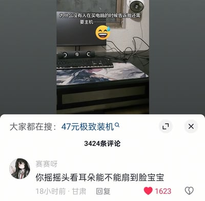 这是一张社交媒体平台的截图，上方展示了一个只有显示器、键盘和音箱的桌面，配文“为什么没有人在买电脑的时候告诉我还需要主机…………”并附带流汗大笑的表情，记录了用户买电脑时只买了显示器、忘记买主机的乌龙趣事。下方是热门评论，用户“赛赛呀”用“你摇摇头看耳朵能不能扇到脸宝宝”的调侃话语吐槽楼主的粗心，该评论获得1623个赞，同时页面顶部还有“大家都在搜：47元极致装机”的搜索提示，进一步烘托出搞笑的氛围。