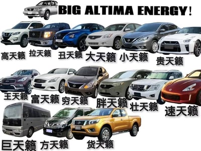 这是一张汽车相关的恶搞玩梗图，背景为纯白色，顶部配黑色粗体英文文字“BIG ALTIMA ENERGY!”。图中共展示了十余款日产（含旗下豪华品牌英菲尼迪）的不同车型，涵盖SUV、普通轿车、跑车、皮卡、巴士等多种品类，每款车型下方都配有“X+天籁”的趣味谐音命名，将所有日产车型都调侃为天籁的衍生款式，结合车型的外观、定位特征对应取名，充满搞笑的玩梗属性。