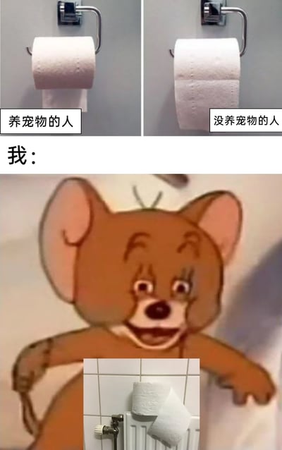 这是一张拼接式搞笑梗图，分为上下两个部分。上半部分为左右对比图：左侧标注“养宠物的人”，对应的卫生纸被收纳在卷纸架上，纸尾收在卷内，是养宠人为了防止宠物啃咬卫生纸的常见放置方式；右侧标注“没养宠物的人”，卫生纸保持正常下垂的常规使用状态。下半部分先以“我：”引出，搭配动画《猫和老鼠》里杰瑞的搞怪表情图，下方还配有一张将卫生纸放置在暖气片上的照片，通过这种既不同于养宠人群也不同于非养宠人群的另类操作，制造出反差感，用杰瑞的滑稽形象凸显这种操作的搞笑与与众不同，展现生活中的趣味小细节。