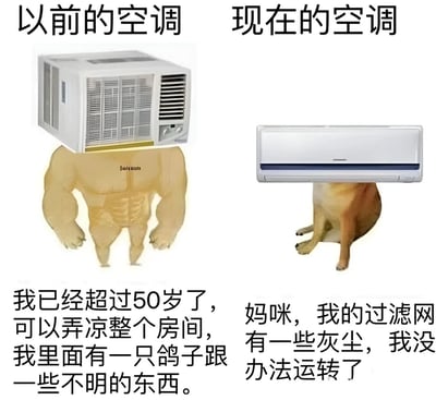 图片采用左右对比的形式，左侧为老式空调，搭配一个肌肉发达的男性剪影，下方文字写着“我已经超过50岁了，可以弄凉整个房间，我里面有一只鸽子跟一些不明的东西。”；右侧为现代挂壁式空调，下方是一只蹲坐的小狗，文字内容为“妈咪，我的过滤网有一些灰尘，我没办法运转了”。通过夸张对比幽默调侃老式空调耐用但粗糙，现代空调精致却脆弱的特点。