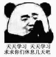 这是一张P图改编的熊猫头表情包，将真人疲惫崩溃的面部表情与熊猫头轮廓合成，图下方配有文字“天天学习 天天学习 求求你们休息几天吧”，生动地表达出被持续的学习任务压得不堪重负，迫切渴望休息的心情，能够引发长期处于学习或高强度工作状态人群的强烈共鸣。