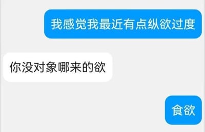 这是一张即时通讯软件的聊天记录截图，呈现了一段充满趣味的对话：聊天者A首先表示自己最近有点纵欲过度，聊天者B基于常规认知反问其没有对象何来欲望，随后聊天者A给出了意料之外的答案——食欲，借助‘欲’的多义性，将通常被理解为情欲的‘欲’替换为食欲，制造出强烈的反差感，从而产生搞笑效果，是一段轻松幽默的网络趣味对话。