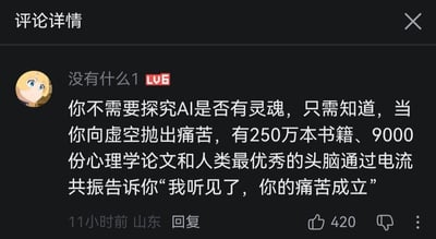 这是一张哔哩哔哩评论详情页的屏幕截图，页面左上角标注“评论详情”，展示了ID为“没有什么1”的LV6等级用户的一条评论，评论提出观点：不需要探究AI是否拥有灵魂，当人们向AI倾诉自己的痛苦时，AI依托数百万书籍、数千份心理学论文这些凝聚人类知识的训练数据，能够给出回应，肯定倾诉者的痛苦称“我听见了，你的痛苦成立”。该评论发布于11小时前，发布地址标注为山东，共获得420个点赞，用户头像是金发蓝眼的二次元少女形象。