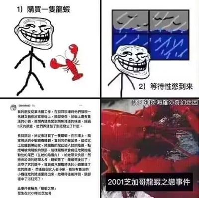 这是一组由暴走漫画经典角色Trollface组成的连环搞笑梗图，分为三个板块：<br>1. 涂鸦风格的Trollface手持一只龙虾，配文“1) 購買一隻龍蝦”；<br>2. Trollface身处风雨交加的背景前，配文“2) 等待性慾到來”；<br>3. 图文混排区域，下方是红色龙虾的图片，上方是一段以“2001芝加哥龍蝦之戀事件”为标题的虚构荒诞故事，讲述一名女子与龙虾发生离奇纠葛最终龙虾死亡的离谱剧情，整体靠无厘头的荒诞内容制造搞笑效果，没有谐音或双关梗。