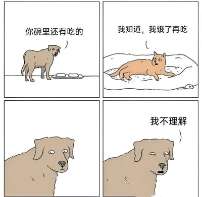 四格连环漫画描绘了狗和猫的有趣对话：狗看到猫的碗里还有食物便询问，猫淡定表示饿了再吃，狗则露出困惑表情并说出‘我不理解’。通过动物拟人化展现不同的饮食态度，充满生活趣味。