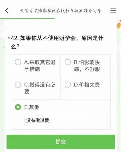 图片展示的是“大学生艾滋病预防在线教育效果调查问卷”的第42题截图。题目为“如果你从不使用避孕套，原因是什么？”，下方设有A到E五个选项，其中A是“采取其它避孕措施”，B是“怕影响快感，不舒服”，C是“觉得没有必要”，D是“价格太贵”，E是“其他”。E选项已被选中，其下方的文本框中填写着“没有做爱”。这一回答通过幽默的方式指出了问题预设中的漏洞——即假设回答者有性行为，而实际情况是“没有做爱”自然就不存在使用避孕套的问题，形成了一种反差萌的搞笑效果。