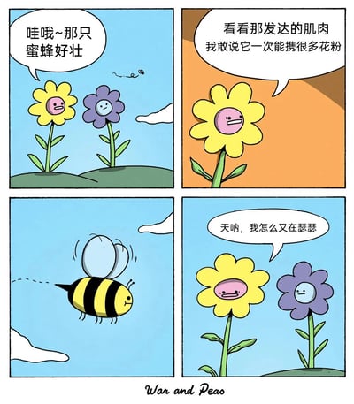 这是一幅四格卡通漫画：第一格，黄色小花和紫色小花看着远处飞来的蜜蜂，黄色小花发出赞叹“哇哦~那只蜜蜂好壮”；第二格，黄色小花凑近观察，继续夸赞“看看那发达的肌肉 我敢说它一次能携很多花粉”；第三格，蜜蜂飞近，尾部有放屁的轨迹，表情淡定；第四格，黄色小花瑟瑟发抖，疑惑地说“天呐，我怎么又在瑟瑟”，紫色小花则一脸淡定地看着它。漫画的笑点在于黄色小花误解了蜜蜂的“壮”，实际上蜜蜂是在放屁，黄色小花的瑟瑟发抖是被屁熏的，却以为自己莫名发抖，形成反差搞笑效果。