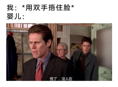 这是一张搞笑图文梗图，上方用文字设定场景：“我：*用双手捂住脸* 婴儿：”，下方搭配一段影视截图，画面里三名成年人面露疑惑，底部配有字幕“怪了，没人在”。整图通过婴儿的视角玩梗，调侃婴儿“看不到就等于事物不存在”的可爱认知，将捂脸的行为和婴儿误以为人消失的反应结合，制造出反差感满满的搞笑效果，十分生动地还原了婴儿的简单思维。