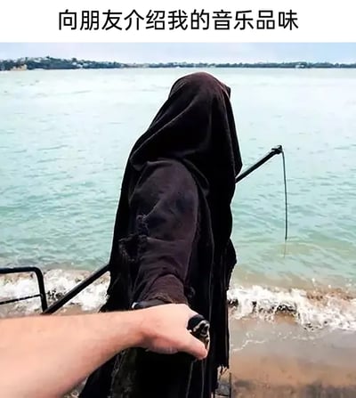 这是一张充满反差感的搞笑网络梗图，顶部配文为‘向朋友介绍我的音乐品味’。画面中，一个身着类似经典死神形象黑袍、头戴兜帽的角色站在水边，将标志性的镰刀当作鱼竿来钓鱼，前景处还有一只手牵引着这个死神角色。图中用这种荒诞的场景来幽默自嘲，暗示自己的音乐品味非常小众、冷门，如同死神钓鱼一样脱离常规，和大众的喜好格格不入，通过夸张的反差制造搞笑效果。