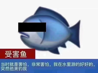 图片中是一条蓝色的卡通鱼，其眼部被黑色矩形遮挡。左下角有红色背景白色文字的标签“受害鱼”，下方蓝色背景区域有白色文字：“当时就是害怕，非常害怕，我在水里游的好好的，突然他来钓我”。该梗图通过拟人化手法，让鱼以第一人称表达被钓鱼时的恐惧心理，营造出幽默搞笑的效果。