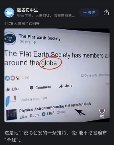这是一张在知乎平台分享的海外社交平台梗图截图，主体是地平说协会（The Flat Earth Society）在推特发布的推文，文案为“The Flat Earth Society has members all around the globe.”，意为“地平论者遍布全球”，其中“globe”一词被圈出——这个单词既指“全球”，又有“地球仪（球体）”的含义，和该协会主张“地球是平面”的核心观点完全矛盾。下方有天文物理相关账号Physics-Astronomy.com回复“Say that again, but slowly”，调侃其自相矛盾的表述。知乎配文点明了这个梗的核心：主张地球是平的协会却用了“全球”这个默认地球是球体的词汇，形成强烈的讽刺效果。

笑点解析：这里的核心矛盾在于“globe”一词的双重含义，作为地平说协会，本该避免使用任何隐含地球是球体的词汇，却在宣传自己成员分布时用了“around the globe”，相当于自己否定了自己的理论，充满荒诞的讽刺感。