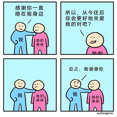 四格卡通漫画描绘了‘我’（蓝色 stick figure）与‘我的身体’（粉色 stick figure）的温馨对话。第一格：‘我’轻拍‘我的身体’肩膀说‘感谢你一直陪在我身边’；第二格：‘我的身体’微笑询问‘所以，从今往后你会更好地关爱我的对吧？’；第三格：两人相视而笑；第四格：‘我’略带无奈地回应‘总之，我谢谢你’。通过拟人化对话提醒人们关注身体健康，风格轻松幽默。