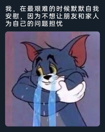 这是一张用于情绪表达的二次创作表情包，采用图文混排的形式。上方配有一段极具共情力的文字：“我，在最艰难的时候默默自我安慰，因为不想让朋友和家人为自己的问题担忧”；下方是经典动画《猫和老鼠》中的汤姆猫形象，它双手捂住脸，脸上挂着大串的泪水，双眼流露着悲伤，动作和表情都呈现出压抑情绪、独自承受难过的状态，精准戳中了很多人在困境中不愿连累亲友、独自扛下情绪的心酸瞬间，容易引发大众的情绪共鸣，常被用于社交平台分享自己的隐忍时刻。
