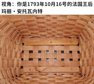 图片上方有文字提示“视角：你是1793年10月16号的法国王后玛丽·安托瓦内特”，下方为一个编织篮子的特写。1793年10月16日是玛丽·安托瓦内特被送上断头台的日子，结合历史上“何不食肉糜”（此处化用为“让他们吃蛋糕”的传闻）的典故，图中的篮子可能暗指断头台下承接头颅的篮子，形成具有历史讽刺意味的梗图。