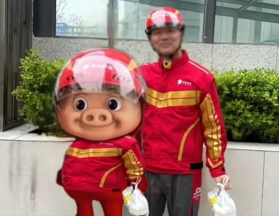 这是一张趣味合成梗图，画面右侧为真实的男性京东配送员，身着红底配金色条纹的京东配送工作服，头戴同品牌红色配送头盔，手持外卖塑料袋，站在带有绿植和玻璃建筑的户外墙面旁，面带笑容看向镜头；画面左侧是被后期P入的国产动画角色猪猪侠，它被匹配了和右侧配送员完全一致的配送服、头盔造型，连手持的外卖袋都和配送员的同款，二者的圆脸、笑容加上完全相同的穿搭形成高度相似的撞脸效果，极具幽默感。