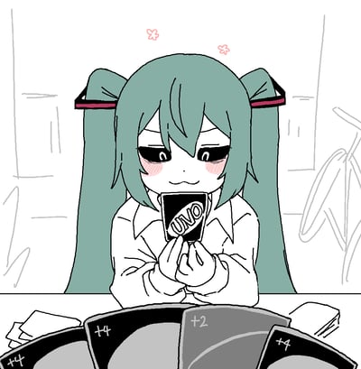 插画中，有着青色双马尾的初音未来穿着白色衬衫，脸颊泛红，眼神略带调皮地双手捧着一张UNO牌。她面前的桌面上散落着多张+4和+2的UNO卡牌，暗示她在UNO游戏中手握优势牌，可能正准备给对手施加压力。背景为简约的线条勾勒出房间轮廓，有植物和墙壁的简单元素，整体画面聚焦于角色与卡牌，营造出轻松有趣的游戏氛围。