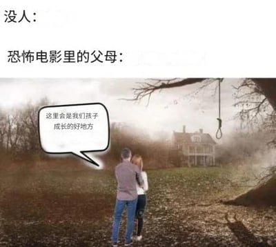 这是一张吐槽恐怖电影经典套路的搞笑梗图，通过上下文字对比+场景画面的形式制造反差感：上方文字“没人：”与“恐怖电影里的父母：”形成铺垫，下方画面中一对男女站在荒芜阴森的草地上，前方是一栋透着诡异气息的老宅，旁边大树上还挂着明显的绞索，而这对代表恐怖电影里父母的角色，却在对白气泡里说出“这里会是我们孩子成长的好地方”。图中利用恐怖场景与父母迷之选择的强烈反差，讽刺了恐怖电影里父母总是无视危险信号、执意搬进诡异房子的不合逻辑套路，以此制造搞笑效果。