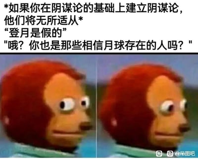 这是一张搞笑二次创作梗图，采用图文混排+左右对比的形式呈现。上方配有三段文字，先是点明核心玩法“如果你在阴谋论的基础上建立阴谋论，他们将无所适从”，接着模拟对话：先抛出常见阴谋论观点“登月是假的”，再用更离谱的言论“哦？你也是那些相信月球存在的人吗？”回应，将阴谋论的层级进一步拉高，形成套娃式的荒诞感。下方是两张猴子表情的对比图，左侧猴子瞪大双眼，呈现出惊讶的神态，右侧猴子眼神变得迷茫呆滞，完美对应人听到离谱言论后从震惊到懵圈的心态变化，用夸张的视觉效果放大了套娃阴谋论的荒诞搞笑，讽刺了无底线延伸的阴谋论言论。