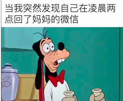 这是一张图文混排的搞笑表情包，采用顶配底文的形式，顶部配文为“当我突然发现自己在凌晨两点回了妈妈的微信”，下方搭配迪士尼经典动画角色高飞的截图。图中的高飞眼睛瞪大、嘴巴微张，露出错愕、慌张又有些后悔的神情，恰好对应了熬夜时不小心回复了长辈消息，害怕被家长发现自己熬夜还被数落的尴尬焦虑情绪，很有代入感。
