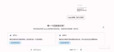 这是一张谷歌AI工具Gemini的网页端对话界面截图，用户在对话中提问“aspen报错，是什么原因”，随后界面弹出官方反馈弹窗，提示用户选择选项A和B哪一个回答更实用，说明文字称用户的选择会协助Gemini提供更实用的回答。但两个选项的内容本质都是告知用户AI无法解答该问题，仅表述略有不同，这种让用户在两个完全无用的回复里选更实用选项的设计十分荒诞，具有搞笑吐槽效果。
