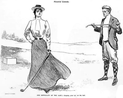 这是一幅黑白线稿风格的复古插画，标题为“Pictorial Comedy”（图画喜剧）。画面中左侧是一位身着长裙、头戴帽子的女士，手持高尔夫球杆，单手叉腰站立；右侧是一位穿着西装马甲、戴帽的男士，手持球杆指向女士，两人似乎在进行对话。背景为开阔的高尔夫球场，远处有树木和山丘。底部文字“ONE DIFFICULTY OF THE GAME: Keeping your eye on the ball”（这项运动的一个难题：紧盯球）构成了幽默核心，暗示男士可能在提醒女士专注于球，但女士的姿态形成了喜剧反差。