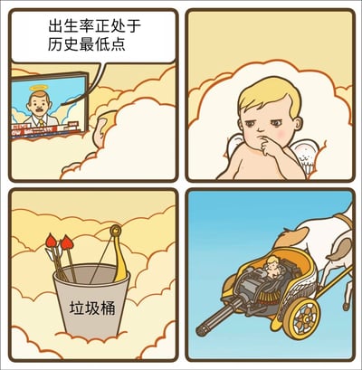 这是一组四格卡通连环梗图，围绕低出生率的社会话题展开创作：
1. 第一格：云端的丘比特正在看新闻直播，新闻主播播报「出生率正处于历史最低点」；
2. 第二格：丘比特皱着眉头，手抵着嘴，露出发愁、思索的表情；
3. 第三格：丘比特把自己标志性的爱神弓箭丢进了垃圾桶；
4. 第四格：丘比特换乘了搭载加特林重机枪的战车，准备用更「强力」的方式来促进人们组建家庭、提升出生率。
整个梗图用夸张的反差感制造笑点，将神话角色与现代社会问题结合，用荒诞的方式调侃低出生率的现状。