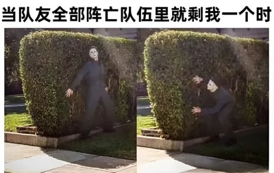这张梗图为左右对比图，上方配有文字'当队友全部阵亡队伍里就剩我一个时'。左侧画面中，戴着白色面具、身穿黑色连体衣的角色从茂密的绿色灌木丛中直立走出，姿态显得较为从容；右侧画面中，同一角色则蜷缩身体，双手扶着灌木丛边缘，呈现出小心翼翼躲藏的姿态，通过前后反差幽默地表现出只剩自己一人时从自信到谨慎的心理变化。