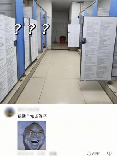 整张图为上下拼接的图文混排梗图，上半部分是公共厕所实拍画面，厕所内所有隔间的门板上都贴满了密密麻麻的文字类资料，画面左上角添加了三个黑色问号特效，表达看到该反常场景的疑惑情绪；下半部分是社交媒体评论截图，有网友发布评论“我勒个知识粪子”，还搭配了一张银灰色人脸咧嘴大笑的搞怪表情包，利用“粪”和“分”的谐音玩“知识分子”的梗，把如厕场景和学习知识的行为结合，制造出荒诞搞笑的效果。