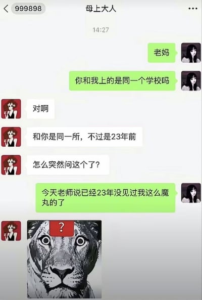 这是一张微信聊天界面截图，聊天对象备注为“母上大人”。对话中女儿先询问妈妈是否和自己就读同一所学校，妈妈确认自己是23年前在该学校就读，并询问女儿提问的缘由。女儿回复称自己当天被老师评价“已经23年没见过我这么魔丸的了”，暗指自己调皮捣蛋的性格遗传自23年前同样让老师印象深刻的妈妈，最后妈妈发来一张头顶带红色问号的狮子表情包，传递出震惊、无语又哭笑不得的情绪，整体内容充满反差趣味，是典型的网络搞笑亲子段子。