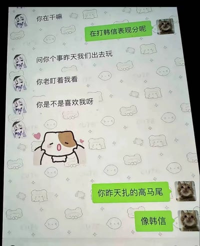 这是一张聊天记录截图梗图，背景是带有可爱小动物图案的浅色底纹。左侧用户使用动漫风格头像，连续发送消息询问：“你在干嘛”“问你个事昨天我们出去玩”“你老盯着我看”“你是不是喜欢我呀”。右侧用户使用猫咪头像，以绿色气泡回复：“在打韩信表现分呢”“你昨天扎的高马尾”“像韩信”。中间有一个脸红、周围有爱心的卡通猫咪形象，似乎在反应这段对话。

图片通过游戏术语“韩信表现分”与日常场景的意外关联制造幽默效果，将女生的高马尾发型比作游戏《王者荣耀》中的英雄韩信形象，形成反差萌笑点。