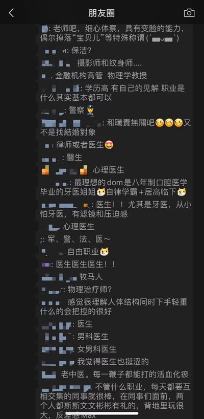 这是一张微信朋友圈的聊天记录截图，显示多位匿名用户围绕“理想dom的职业”这一话题展开讨论。评论中提到了老师、保洁、摄影师、纹身师、金融机构高管、物理学教授、警察、律师、医生（尤其是牙医）、心理医生等多种职业，部分发言带有调侃语气和emoji（如😂、😍、🐱、🐶），内容轻松诙谐，反映了不同用户对该话题的趣味看法。