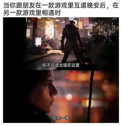 图片上方文字描述了场景：当你和朋友在一款游戏里互道晚安后，却在另一款游戏里相遇。图片分为上下两部分，上半部分是夜晚霓虹灯闪烁的街道中，一个穿着深色外套的人背对着镜头站立，下方配有文字“你不应该出现在这里”；下半部分是一个人的侧脸特写，背景模糊，下方配有文字“你也一样”。整体通过电影截图式的画面和对话，幽默地展现了朋友间互相“熬夜打游戏被抓包”的尴尬又好笑的场景。