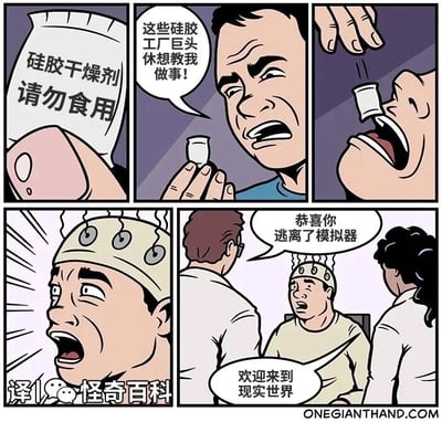 这是一幅由五个格子组成的连环卡通漫画，剧情充满荒诞反转：第一格展示了一包标注“硅胶干燥剂 请勿食用”的物品；第二格中，一名男性满脸愤怒，手持一小包干燥剂，放话抗拒硅胶干燥剂的警示，认为是工厂巨头的“说教”；第三格他将干燥剂倒进嘴里；第四格画面一转，该男性头上戴着布满电极的头套，表情极度震惊，嘴巴大张；第五格中，两名穿着白大褂的研究人员对着他，其中一人说道“恭喜你 逃离了模拟器”，画面下方配文“欢迎来到现实世界”。漫画将日常中对安全警示的叛逆行为，与“逃离模拟世界”的科幻设定结合，制造出意外且荒诞的笑点，用科幻设定带来戏剧性的剧情反转。
