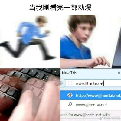 这是一张由四幅画面拼接而成的递进式梗图，顶部配有简体中文文字“当我刚看完一部动漫”。第一幅画面是模糊的奔跑人物，直观表现出急切的状态；第二幅是人物快速凑近电脑屏幕，面部带着迫不及待的神情；第三幅是双手飞速敲击键盘的特写，强化了急切的动作；第四幅是浏览器新标签页的界面，地址栏中正在输入“hentai.net”，该站点指向成人向动漫内容。整套画面以连贯的动作和场景，调侃了部分动漫爱好者在看完普通动漫作品后，立刻想要寻找成人向相关动漫内容的急切行为，用夸张的递进动作放大了这种心情。